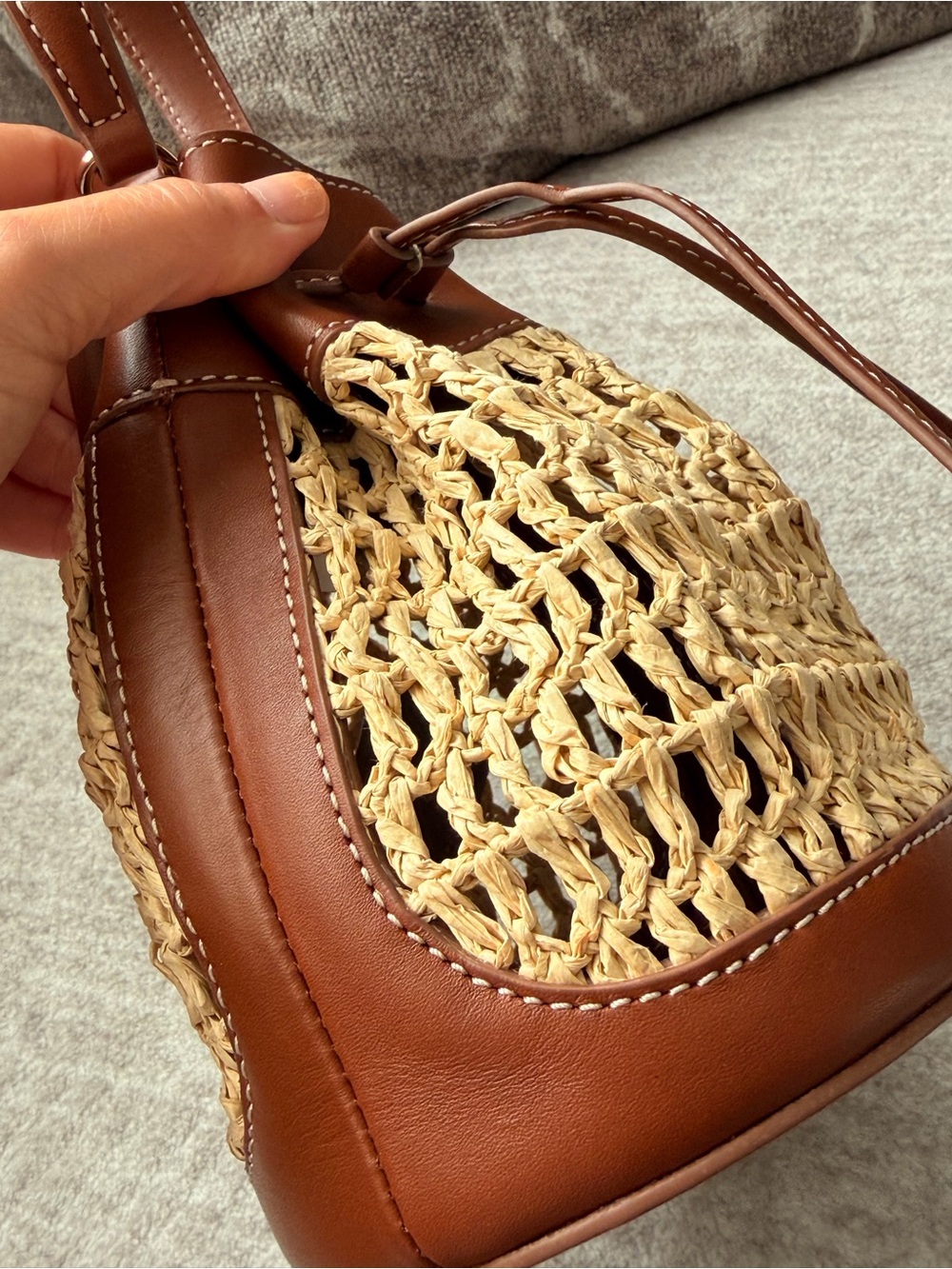 J. Crew Drawstring Brown English Saddle Leather & Straw Mini Bucket Bag #OA3 - Picture 11 of 16